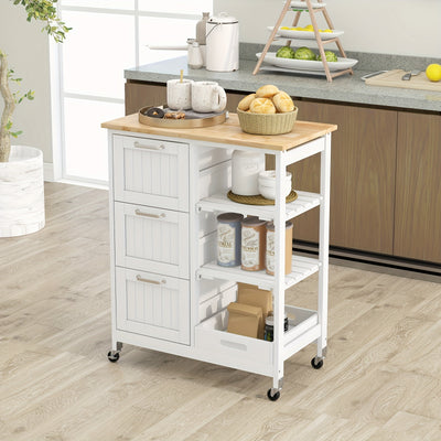 Costway Kitchen Island Cart Mobile Storage Organizer w/ 3 Large Drawers 2 Open Shelves