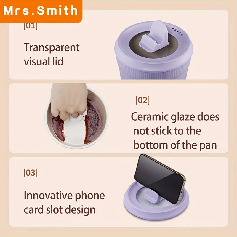 Mrs. Smith 6.3-Inch Electric Hot Pot with Mobile Phone Holder - 1L Capacity, Fast Heating 400W, Dual Temperature Control, Non-Stick, PP Material, Ideal for Frying, Stewing & Instant Noodles - Purple, Portable Hot Pot