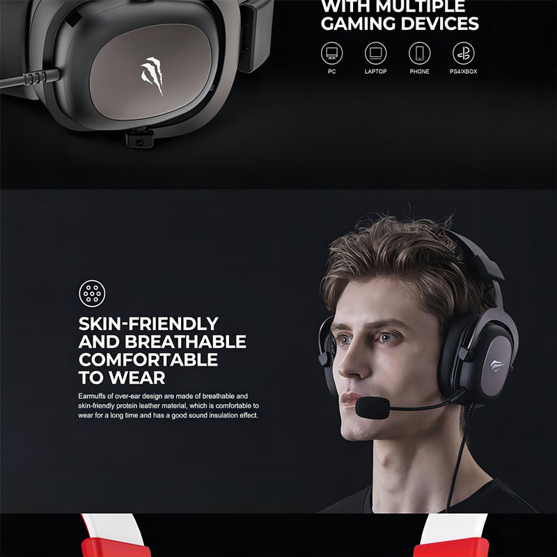 HAVIT Surround Sound Wired Headphones For Video Music And Games, Compatible With PC, XBOX ONE, PS4, Mobile Phones, With Detachable Microphone, 3.5mm Port, Comfortable Leather Earmuffs, 53mm Speakers, Adjustable Headband, All-