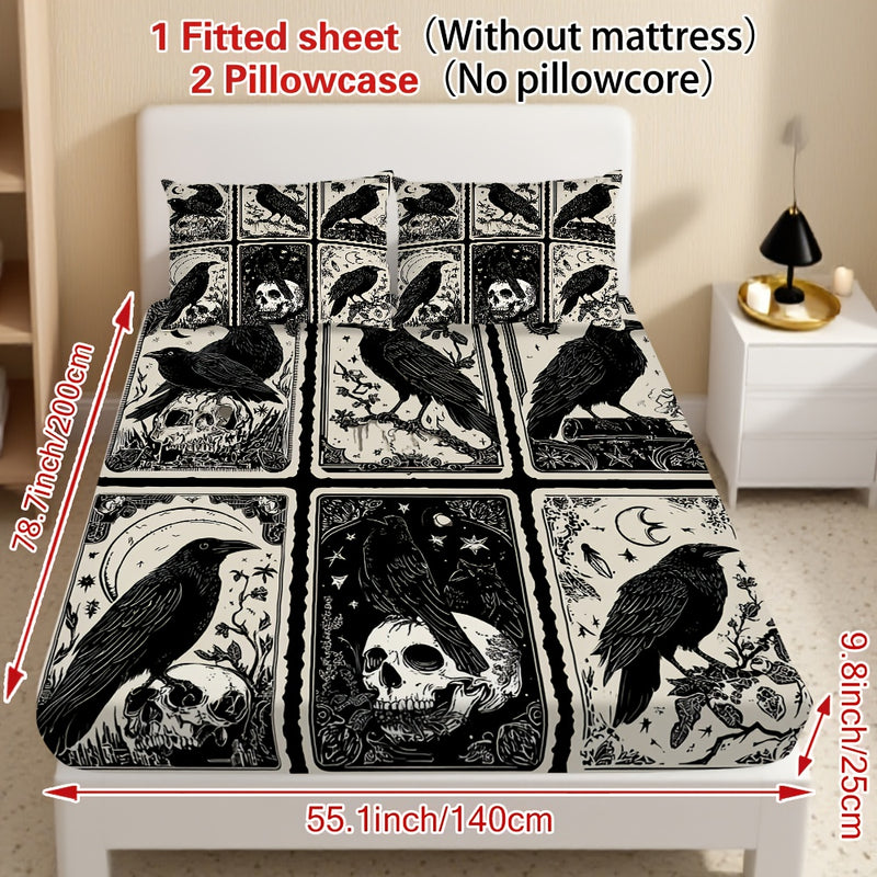 3pcs Gothic Raven Tarot Bedding Set - Deep Pocket Fitted Sheet & 2 Pillowcases, Black & White Raven Print with Tarot Card Motifs, Soft Breathable Fabric, Machine Washable, All-Season Comfort for Queen/King Size Beds, Gothic B