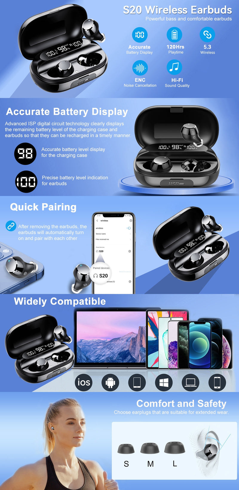 Headphones Wireless Wireless 5.3 with LED Power Display 120H In-Ear 2024 Waterproof Sports Wireless Headphones with Noise Reduction Microphone for iOS/Android Can Charge Mobile Phone Black