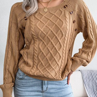 Women's Sweater Round Neck Texture Button Lantern Sleeve Sweater
