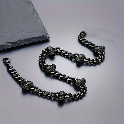 [Gothic Skull Necklace] Gothic Skull Necklace Collar - Black Stainless Steel Cuban Spliced Necklace with 7 Skulls, 9mm Width, Perfect for Halloween, Daily Wear, Music Festivals & Bar Accessories, Skull Jewelry