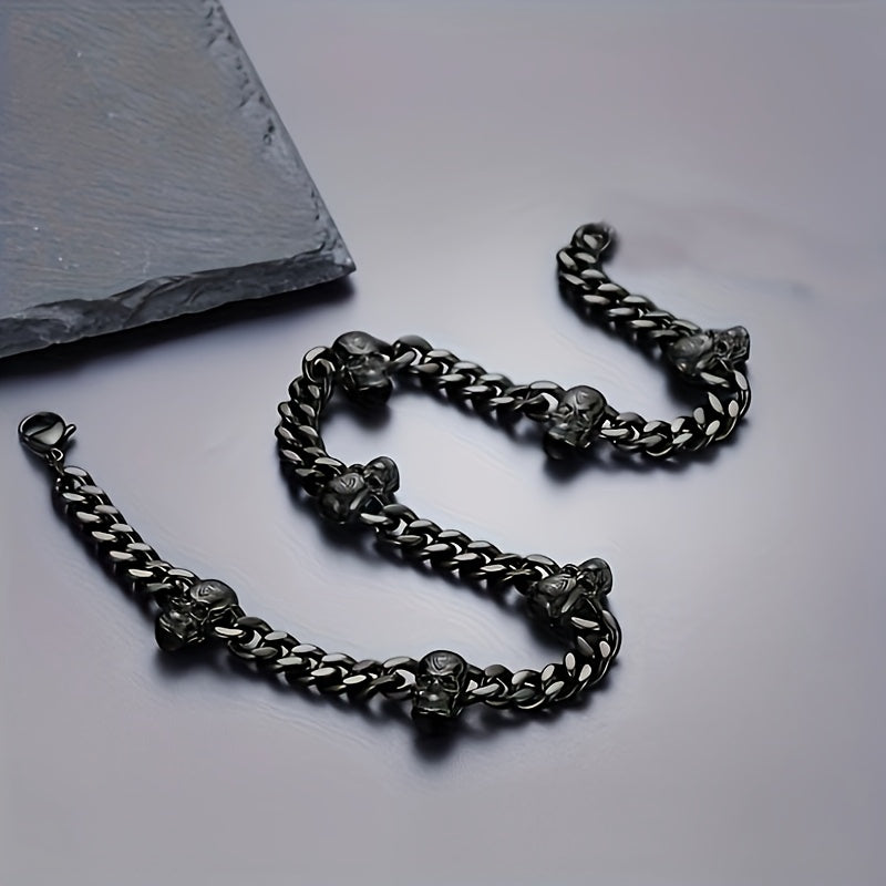 [Gothic Skull Necklace] Gothic Skull Necklace Collar - Black Stainless Steel Cuban Spliced Necklace with 7 Skulls, 9mm Width, Perfect for Halloween, Daily Wear, Music Festivals & Bar Accessories, Skull Jewelry