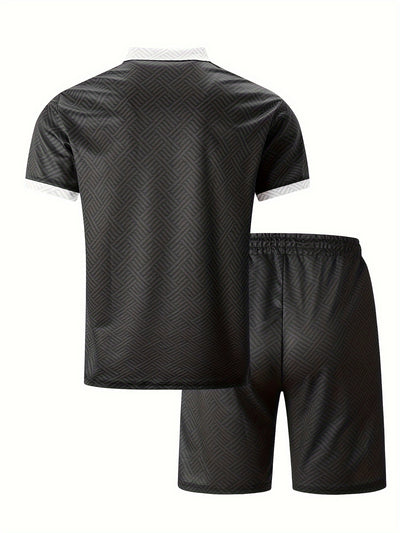 Mens 2Pcs Casual Summer Set - Breezy Short Sleeve Shirt with Matching Drawstring Shorts - Ideal for Vacation & Workout