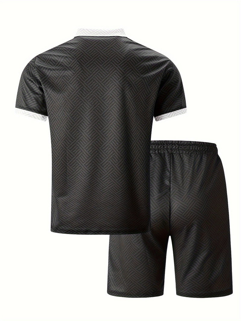 Mens 2Pcs Casual Summer Set - Breezy Short Sleeve Shirt with Matching Drawstring Shorts - Ideal for Vacation & Workout
