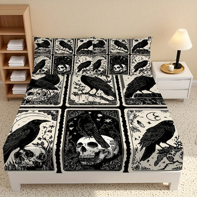 3pcs Gothic Raven Tarot Bedding Set - Deep Pocket Fitted Sheet & 2 Pillowcases, Black & White Raven Print with Tarot Card Motifs, Soft Breathable Fabric, Machine Washable, All-Season Comfort for Queen/King Size Beds, Gothic B