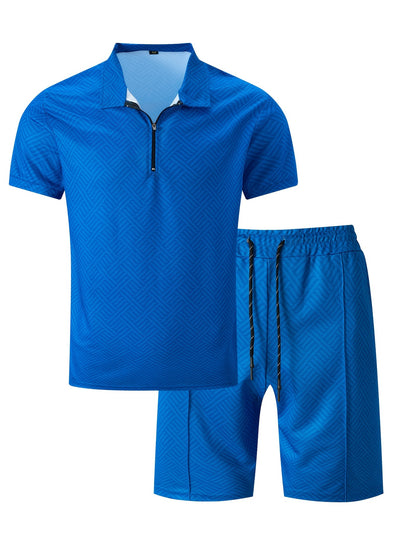 Mens 2Pcs Casual Summer Set - Breezy Short Sleeve Shirt with Matching Drawstring Shorts - Ideal for Vacation & Workout