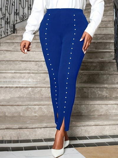 [Pearl Pants] Elegant High-Waisted Plus Size Flared Leg Pants | Women's Pearl-Embellished Elastic Waist Spring-Summer Fashion