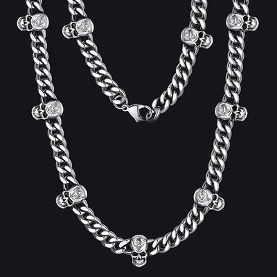 [Gothic Skull Necklace] Gothic Skull Necklace Collar - Black Stainless Steel Cuban Spliced Necklace with 7 Skulls, 9mm Width, Perfect for Halloween, Daily Wear, Music Festivals & Bar Accessories, Skull Jewelry