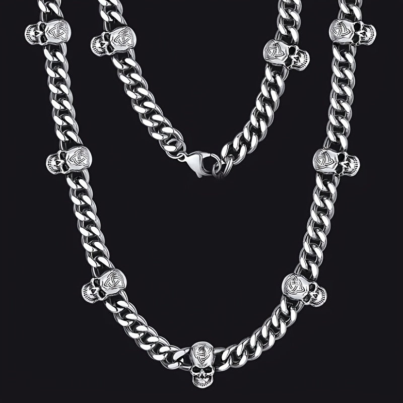 [Gothic Skull Necklace] Gothic Skull Necklace Collar - Black Stainless Steel Cuban Spliced Necklace with 7 Skulls, 9mm Width, Perfect for Halloween, Daily Wear, Music Festivals & Bar Accessories, Skull Jewelry