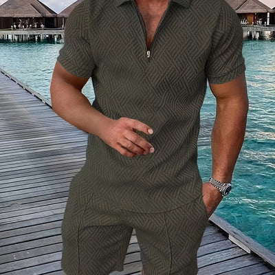 Mens 2Pcs Casual Summer Set - Breezy Short Sleeve Shirt with Matching Drawstring Shorts - Ideal for Vacation & Workout