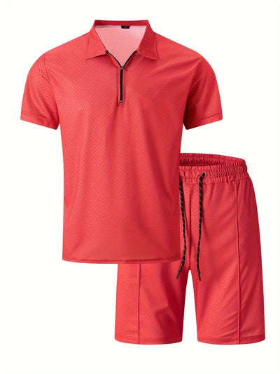 Mens 2Pcs Casual Summer Set - Breezy Short Sleeve Shirt with Matching Drawstring Shorts - Ideal for Vacation & Workout