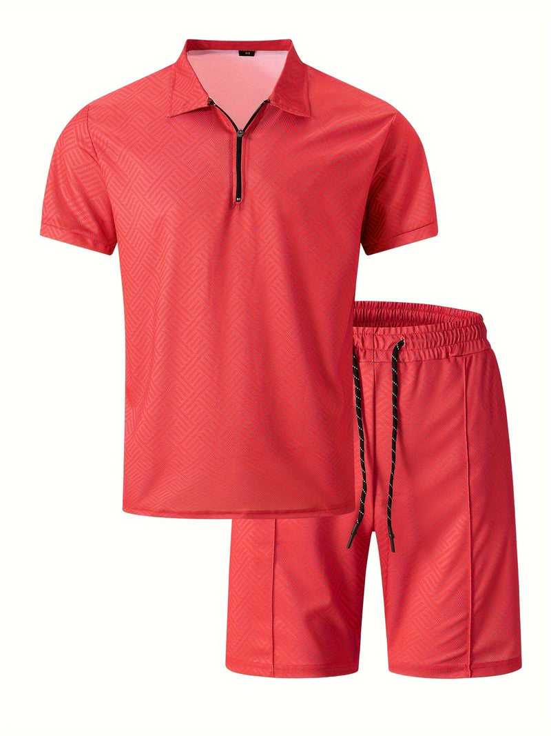Mens 2Pcs Casual Summer Set - Breezy Short Sleeve Shirt with Matching Drawstring Shorts - Ideal for Vacation & Workout