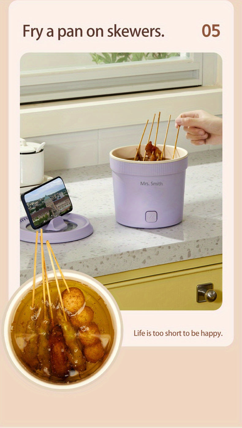 Mrs. Smith 6.3-Inch Electric Hot Pot with Mobile Phone Holder - 1L Capacity, Fast Heating 400W, Dual Temperature Control, Non-Stick, PP Material, Ideal for Frying, Stewing & Instant Noodles - Purple, Portable Hot Pot