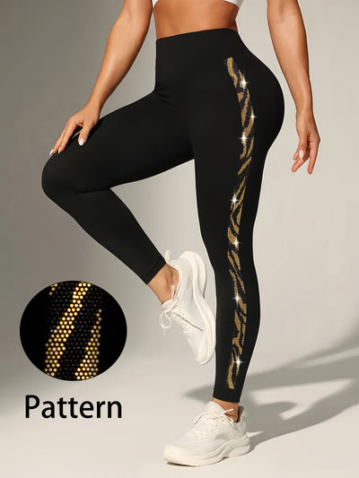 Women'S High-Waist Stretch Ankle-Length Pants with Leopard & Rhinestone Side Stripes - Slim-Fit 7/8 Length for Casual & Wear, All-Season Comfort, High Waisted Leggings, Versatile Bottoms, Stylish Leggings, High Elasticity, Fa