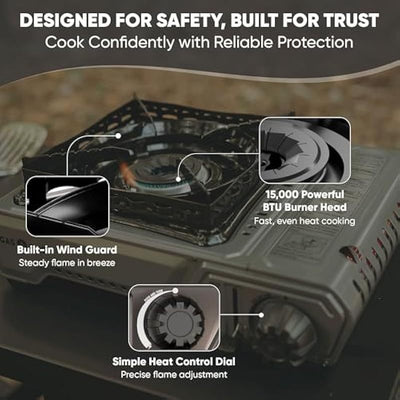 GasOne 15, 000 BTU Portable Butane Camping Stove with Case: Automatic Ignition, Precise Heat Control - Camping & Tailgating and Outdoor Cooking