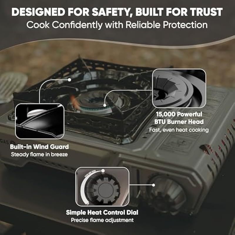 GasOne 15, 000 BTU Portable Butane Camping Stove with Case: Automatic Ignition, Precise Heat Control - Camping & Tailgating and Outdoor Cooking