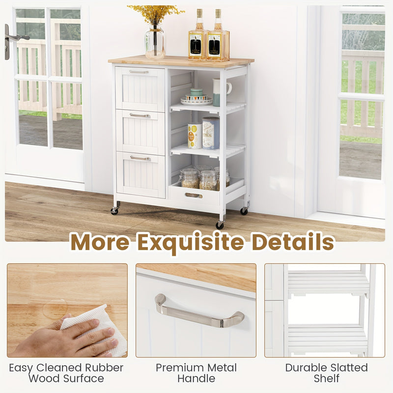 Costway Kitchen Island Cart Mobile Storage Organizer w/ 3 Large Drawers 2 Open Shelves