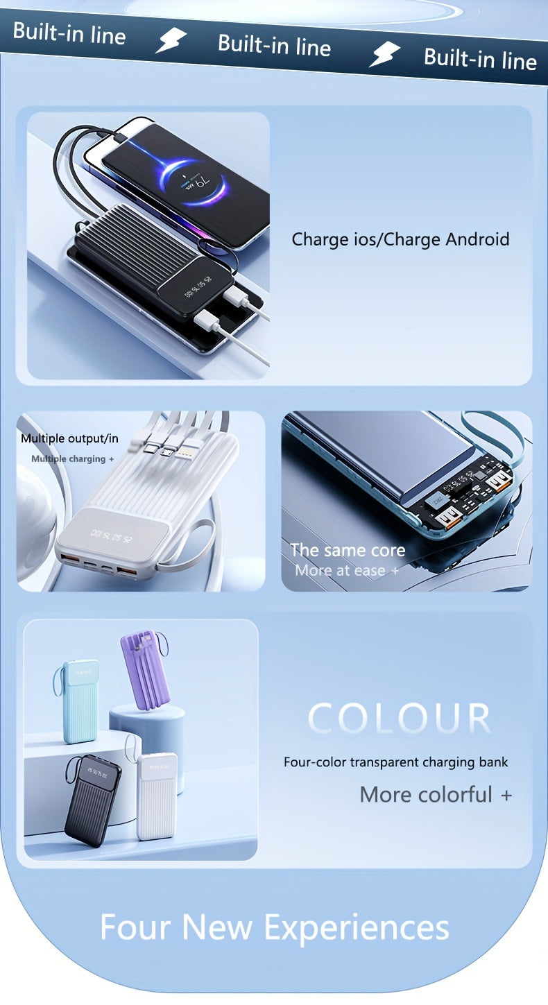 Universal Portable Phone Charger, Built-in Cable Large Capacity 20000mAh Mobile Power Supply, Easy And Fast USB Battery Pack External Phone Charger, Suitable For Samsung, IPhone, IPad, Etc