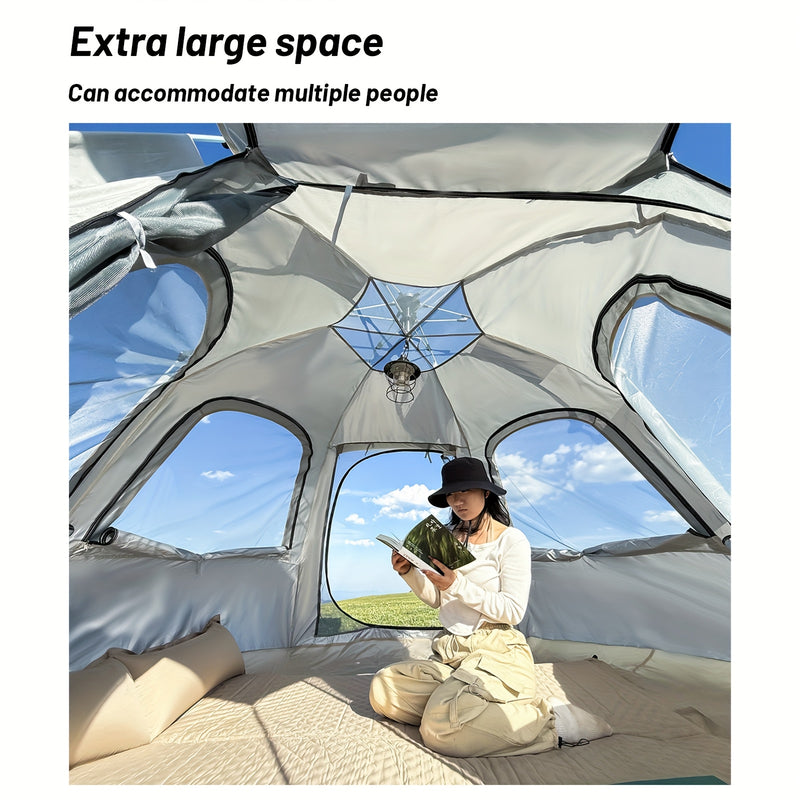 4-Person Hexagonal Pop-Up Camping Tent - Waterproof & Windproof, Easy Setup with Poles, 2 Doors & Skylight, Durable Polyester, Fiberglass Poles - Ideal for Hiking & Fishing, Gray, Family Camping Tent|Automatic Setup Tent|Poly