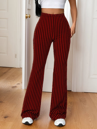 Women'S Fashion Houndstooth Flare Leg Pants, High Waist Elastic Waistband, Knit Polyester Fabric, 95% Polyester 5% Elastane, 180g/m², Casual Bell Bottoms for Spring/Summer/Fall