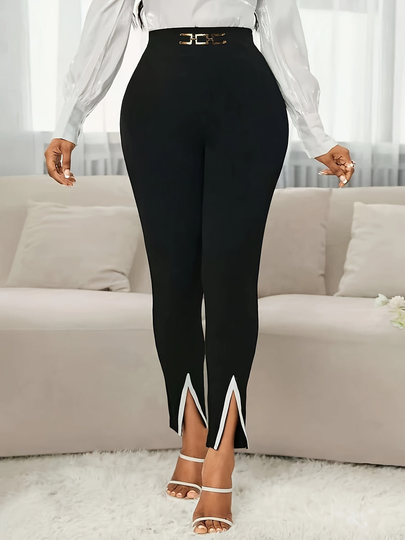Elegant Color Block Split Crop Pants - Black & White, High-Waisted with Belt Loops, Stylish Adult Fashion, Allseason Wear, Fashionable Pants|Stylish Crop Pants|Highwaisted Pants
