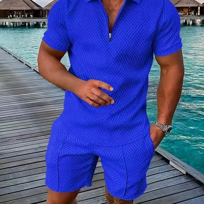 Mens 2Pcs Casual Summer Set - Breezy Short Sleeve Shirt with Matching Drawstring Shorts - Ideal for Vacation & Workout