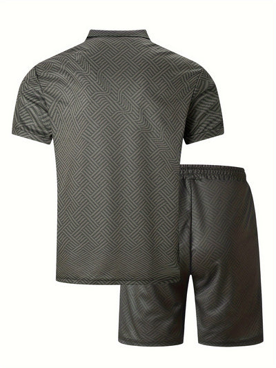 Mens 2Pcs Casual Summer Set - Breezy Short Sleeve Shirt with Matching Drawstring Shorts - Ideal for Vacation & Workout