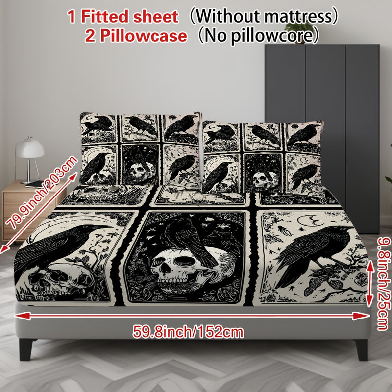 3pcs Gothic Raven Tarot Bedding Set - Deep Pocket Fitted Sheet & 2 Pillowcases, Black & White Raven Print with Tarot Card Motifs, Soft Breathable Fabric, Machine Washable, All-Season Comfort for Queen/King Size Beds, Gothic B