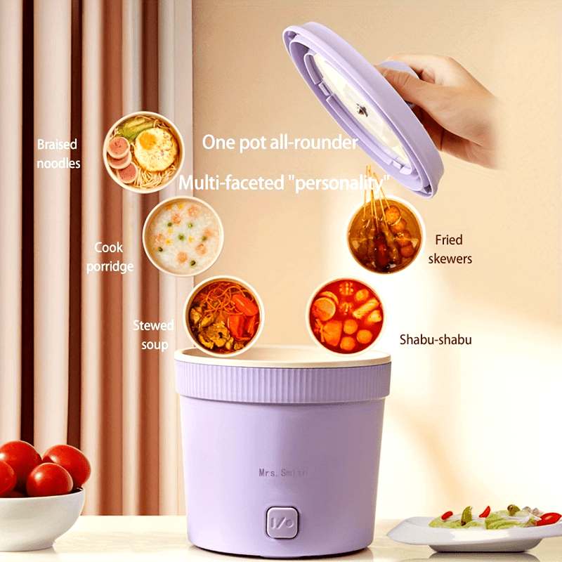 Mrs. Smith 6.3-Inch Electric Hot Pot with Mobile Phone Holder - 1L Capacity, Fast Heating 400W, Dual Temperature Control, Non-Stick, PP Material, Ideal for Frying, Stewing & Instant Noodles - Purple, Portable Hot Pot