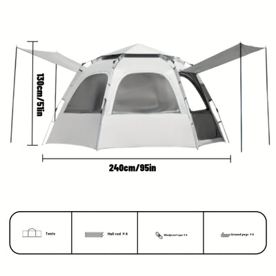 4-Person Hexagonal Pop-Up Camping Tent - Waterproof & Windproof, Easy Setup with Poles, 2 Doors & Skylight, Durable Polyester, Fiberglass Poles - Ideal for Hiking & Fishing, Gray, Family Camping Tent|Automatic Setup Tent|Poly