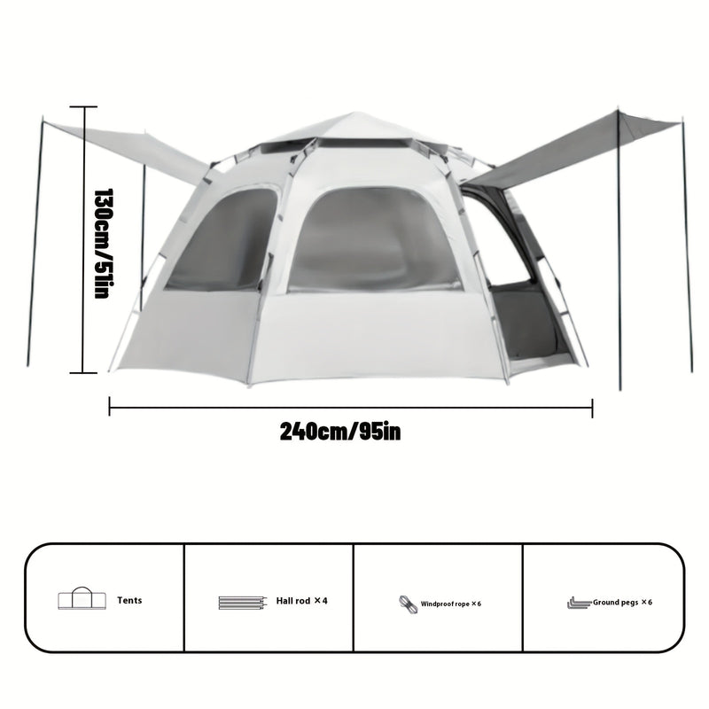 4-Person Hexagonal Pop-Up Camping Tent - Waterproof & Windproof, Easy Setup with Poles, 2 Doors & Skylight, Durable Polyester, Fiberglass Poles - Ideal for Hiking & Fishing, Gray, Family Camping Tent|Automatic Setup Tent|Poly