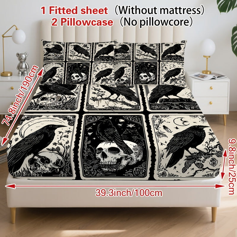 3pcs Gothic Raven Tarot Bedding Set - Deep Pocket Fitted Sheet & 2 Pillowcases, Black & White Raven Print with Tarot Card Motifs, Soft Breathable Fabric, Machine Washable, All-Season Comfort for Queen/King Size Beds, Gothic B
