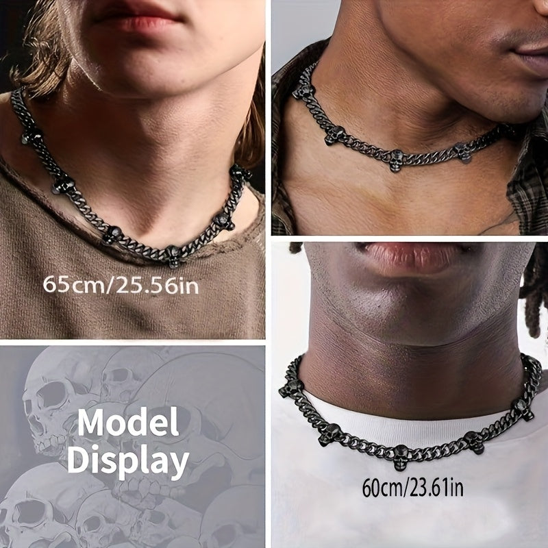 [Gothic Skull Necklace] Gothic Skull Necklace Collar - Black Stainless Steel Cuban Spliced Necklace with 7 Skulls, 9mm Width, Perfect for Halloween, Daily Wear, Music Festivals & Bar Accessories, Skull Jewelry