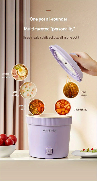 Mrs. Smith 6.3-Inch Electric Hot Pot with Mobile Phone Holder - 1L Capacity, Fast Heating 400W, Dual Temperature Control, Non-Stick, PP Material, Ideal for Frying, Stewing & Instant Noodles - Purple, Portable Hot Pot