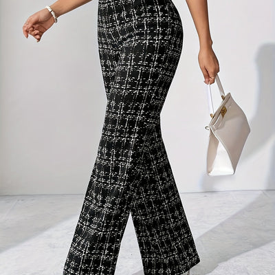 Women'S Elegant High-Waist Plaid Pants - Stretchy Black and White Check Pattern, Wide Leg, Comfortable Fit for Spring/Summer/Fall, Machine Washable, High Waisted Leggings