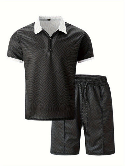 Mens 2Pcs Casual Summer Set - Breezy Short Sleeve Shirt with Matching Drawstring Shorts - Ideal for Vacation & Workout