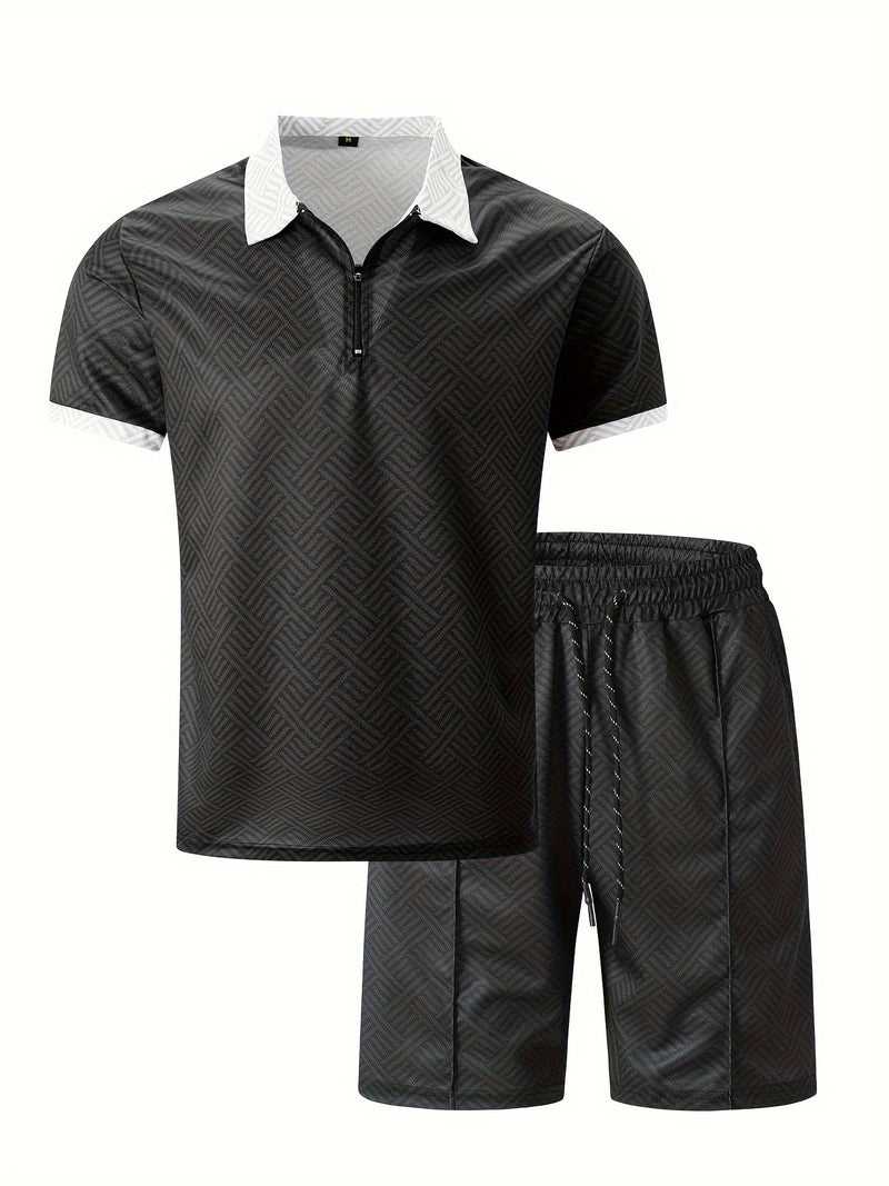 Mens 2Pcs Casual Summer Set - Breezy Short Sleeve Shirt with Matching Drawstring Shorts - Ideal for Vacation & Workout