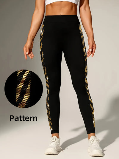Women'S High-Waist Stretch Ankle-Length Pants with Leopard & Rhinestone Side Stripes - Slim-Fit 7/8 Length for Casual & Wear, All-Season Comfort, High Waisted Leggings, Versatile Bottoms, Stylish Leggings, High Elasticity, Fa