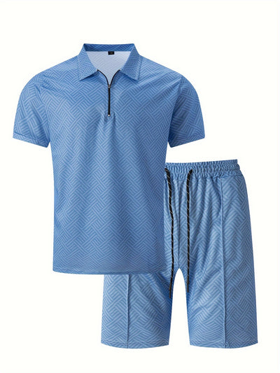Mens 2Pcs Casual Summer Set - Breezy Short Sleeve Shirt with Matching Drawstring Shorts - Ideal for Vacation & Workout