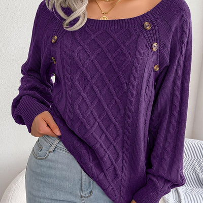 Women's Sweater Round Neck Texture Button Lantern Sleeve Sweater