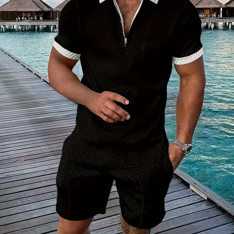 Mens 2Pcs Casual Summer Set - Breezy Short Sleeve Shirt with Matching Drawstring Shorts - Ideal for Vacation & Workout