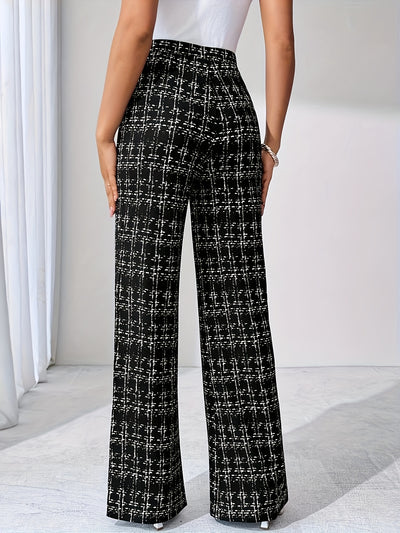 Women'S Elegant High-Waist Plaid Pants - Stretchy Black and White Check Pattern, Wide Leg, Comfortable Fit for Spring/Summer/Fall, Machine Washable, High Waisted Leggings