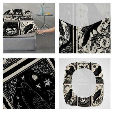 3pcs Gothic Raven Tarot Bedding Set - Deep Pocket Fitted Sheet & 2 Pillowcases, Black & White Raven Print with Tarot Card Motifs, Soft Breathable Fabric, Machine Washable, All-Season Comfort for Queen/King Size Beds, Gothic B
