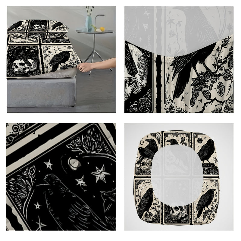 3pcs Gothic Raven Tarot Bedding Set - Deep Pocket Fitted Sheet & 2 Pillowcases, Black & White Raven Print with Tarot Card Motifs, Soft Breathable Fabric, Machine Washable, All-Season Comfort for Queen/King Size Beds, Gothic B