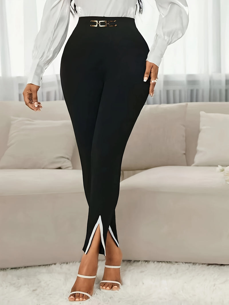 Elegant Color Block Split Crop Pants - Black & White, High-Waisted with Belt Loops, Stylish Adult Fashion, Allseason Wear, Fashionable Pants|Stylish Crop Pants|Highwaisted Pants