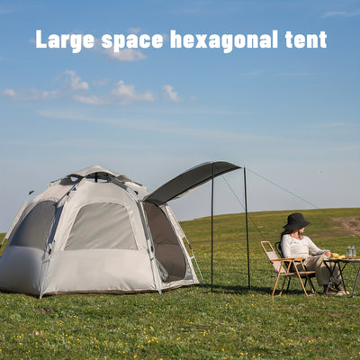 4-Person Hexagonal Pop-Up Camping Tent - Waterproof & Windproof, Easy Setup with Poles, 2 Doors & Skylight, Durable Polyester, Fiberglass Poles - Ideal for Hiking & Fishing, Gray, Family Camping Tent|Automatic Setup Tent|Poly