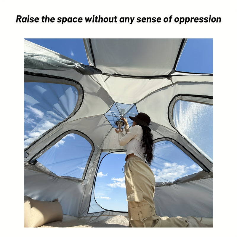 4-Person Hexagonal Pop-Up Camping Tent - Waterproof & Windproof, Easy Setup with Poles, 2 Doors & Skylight, Durable Polyester, Fiberglass Poles - Ideal for Hiking & Fishing, Gray, Family Camping Tent|Automatic Setup Tent|Poly