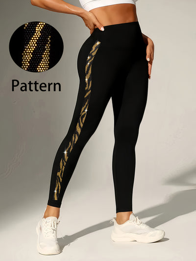 Women'S High-Waist Stretch Ankle-Length Pants with Leopard & Rhinestone Side Stripes - Slim-Fit 7/8 Length for Casual & Wear, All-Season Comfort, High Waisted Leggings, Versatile Bottoms, Stylish Leggings, High Elasticity, Fa